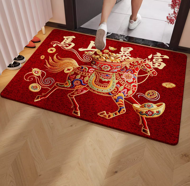 马年新年入户地垫仿刺绣红色高级感进门